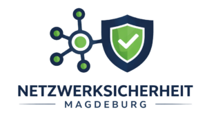 Logo Netzwerksicherheit Magdeburg – sicheres Unternehmensnetzwerk mit Netzwerk- und Schutzsymbol