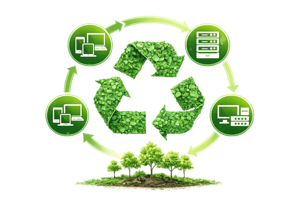 Grafische Darstellung eines IT-Lifecycle mit Recycling-Symbol, Servern, Endgeräten und grünen Pfeilen im Kreislauf