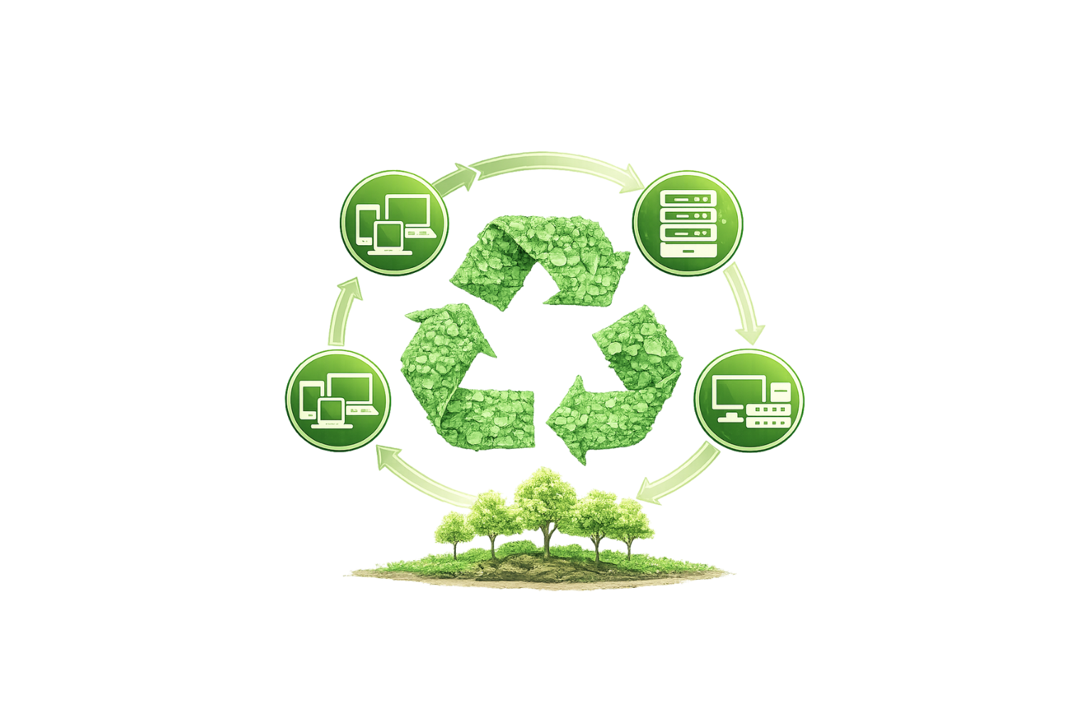 Grafische Darstellung eines nachhaltigen IT-Lifecycles mit Recycling-Symbol und IT-Infrastruktur