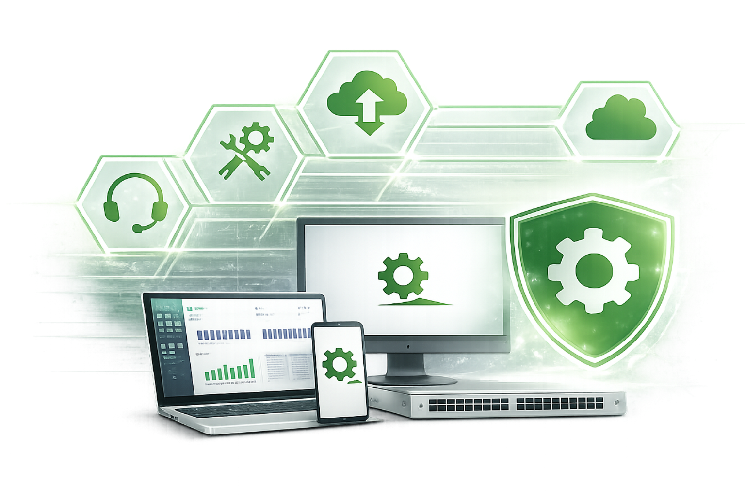 Darstellung von Managed Services mit gesicherten IT-Systemen, Monitoring, Cloud- und Support-Symbolen in grünem Farbschema
