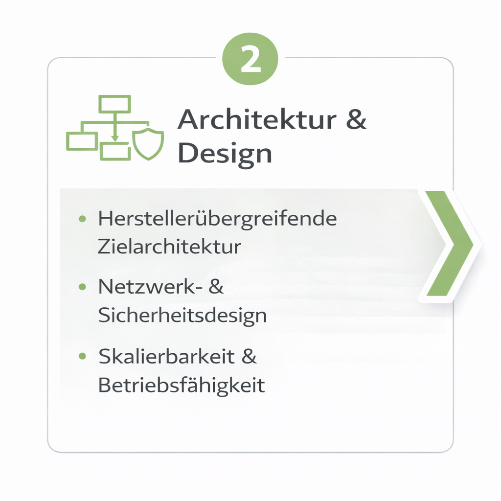 Schritt 2 eines Projektablaufs mit dem Titel „Architektur & Design“ und Stichpunkten zu Zielarchitektur, Sicherheitsdesign und Skalierbarkeit